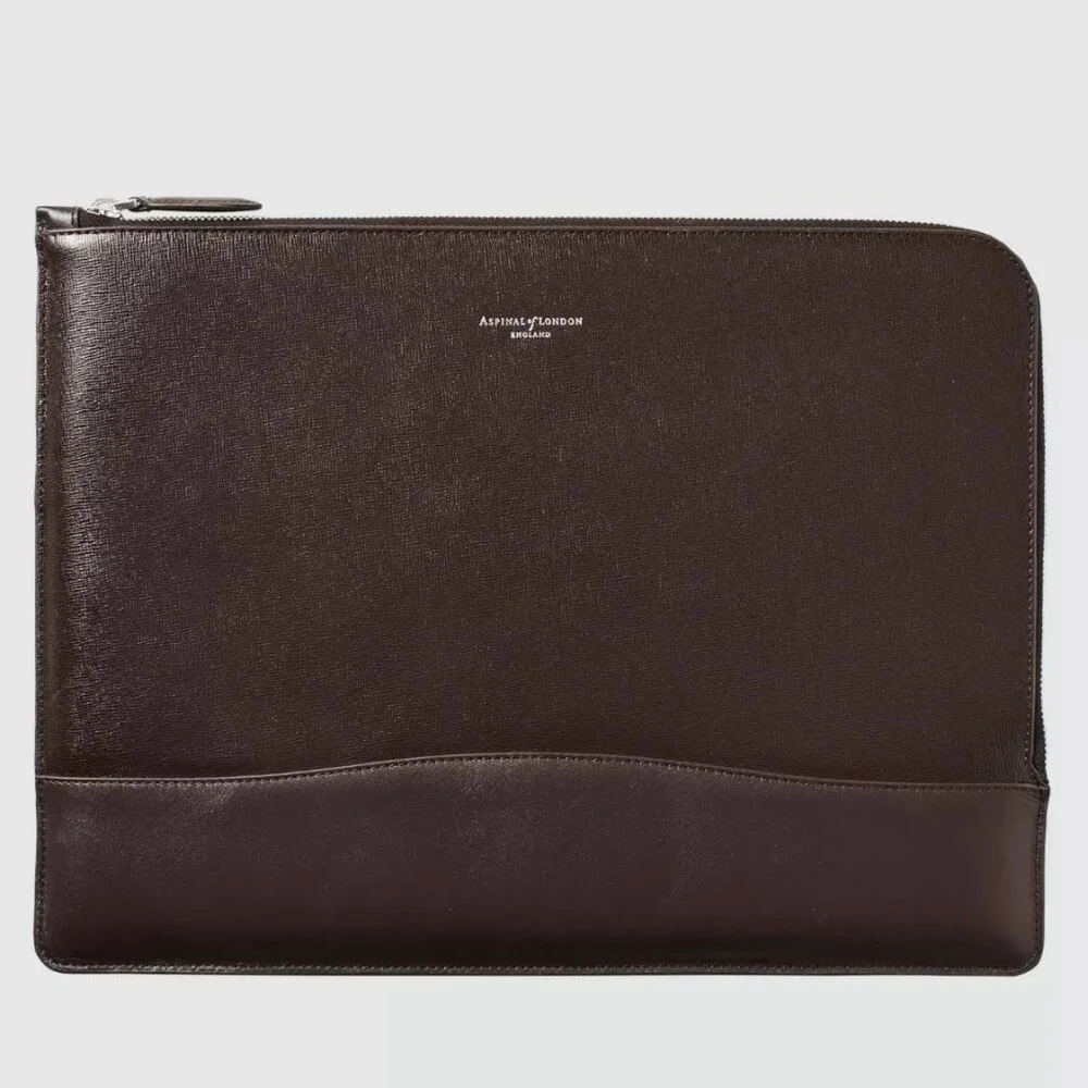 Aspinal City Laptop Leather Folio Case in Dark Brown Saffiano, NWT